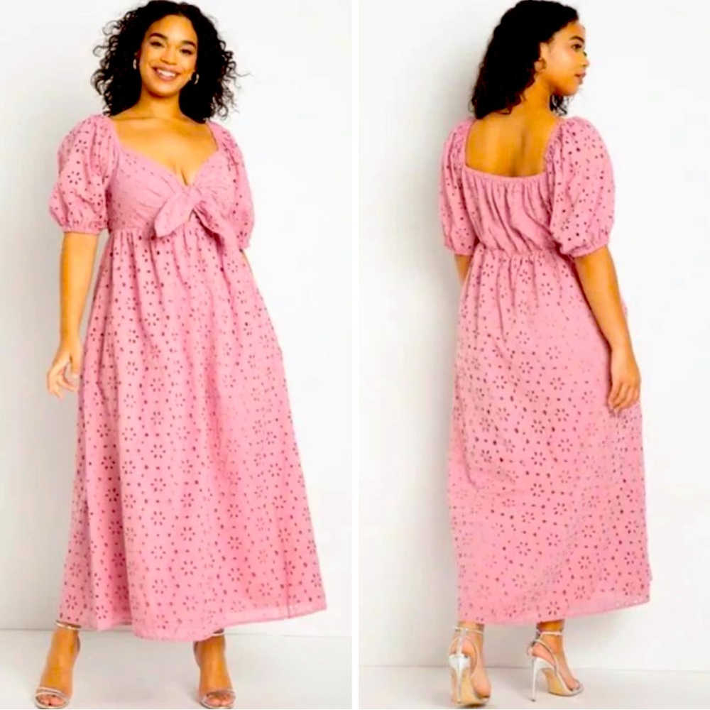 Eloquii sz 22 Pink Eyelet tie front full skirt maxi dress